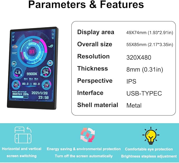 WOWNOVA English Version Computer Temp Monitor ARGB PC Case Display IPS USB Mini Screen CPU RAM HDD Data Monitor