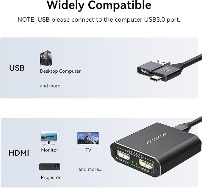 USB to Dual HDMI Splitter DisplayLink Adapter HDMI Splitter for Dual Monitors with Extended Display 4K@30Hz and 1080P@60Hz Output for Windows Mac Vista