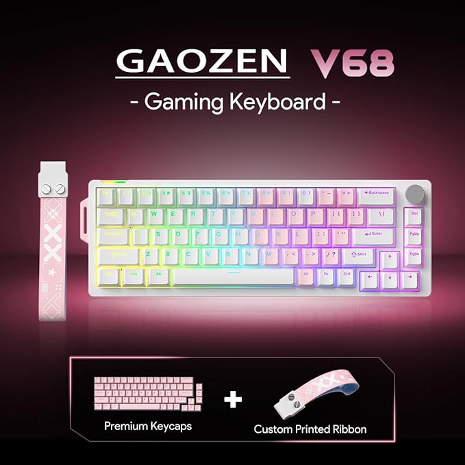 68% Wired Gaming Keyboard with Volume Knob RGB Backlit Mechanical Keyboard Gasket Mount with PBT Keycaps8000 Hz Polling Rate Hall Effect Cream Switches Hot-Swap for FPS Games (White+Pink)