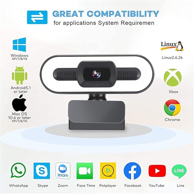 2K Webcam with Microphone with Light LED Computer Camera for Zoom Video Conferencing PC Laptop