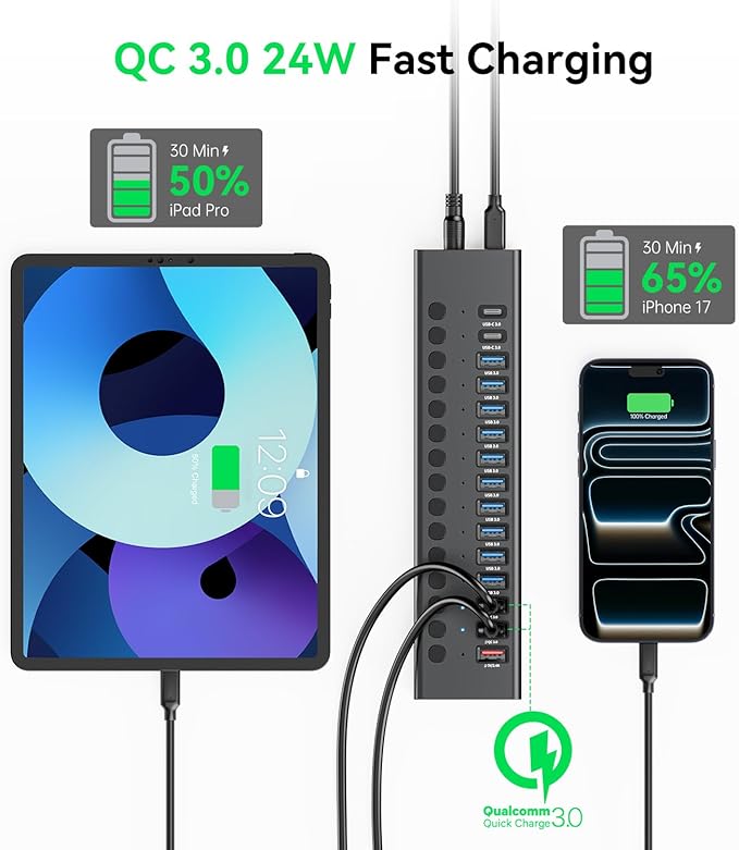 Powered USB Hub AGEEN 16-Port USB 3.0 Hub (10 USB-A 3.0+2 QC 24W Fast Charging+2 Smart Charging+2 USB-C 3.0 Ports) 12V/8A 96W UL Certified Power Adapter for PC Laptop HDD Flash Drive (16-Port)