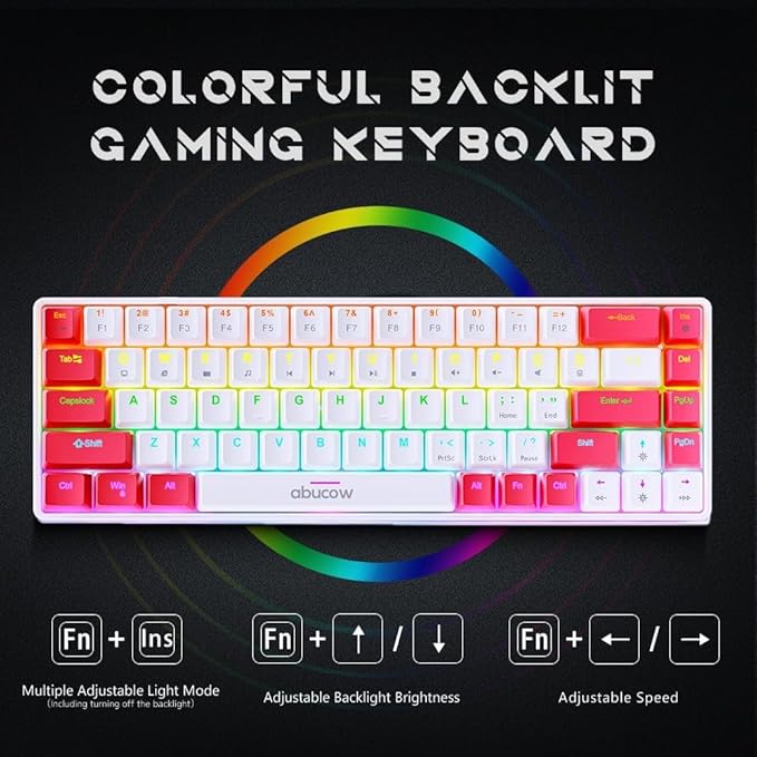 abucow 65% Wired Mechanical Keyboard – 68-Key Compact Layout Full Anti-Ghosting Brown Switch Swappable Red White Keycaps for Windows/Mac