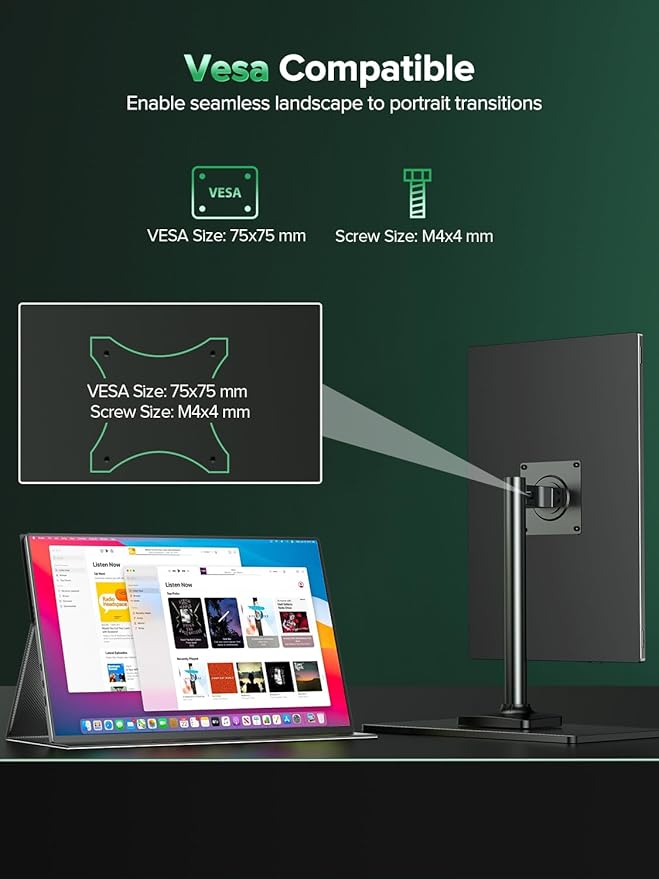 Newsoul 4K Portable Monitor 1200Nits Ultra Bright 16'' Laptop Monitor 2000:1 Contrast Fast IPS Matte Screen with USB-C HDMI VESA Slim External Screen for Laptop/Phone/Game Console/Office/Travel