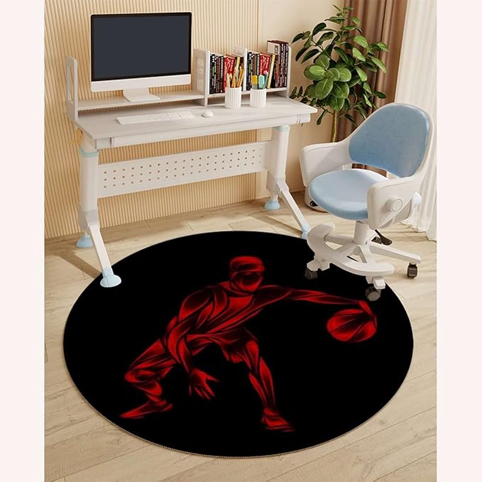 Black Red PU Leather Chair Mat for Hard Floors Basketball Player Silhouette Waterproof Office Floor Mat Chair Floor Protector for Rolling Chair Doodle Style Art Diameter 55 in