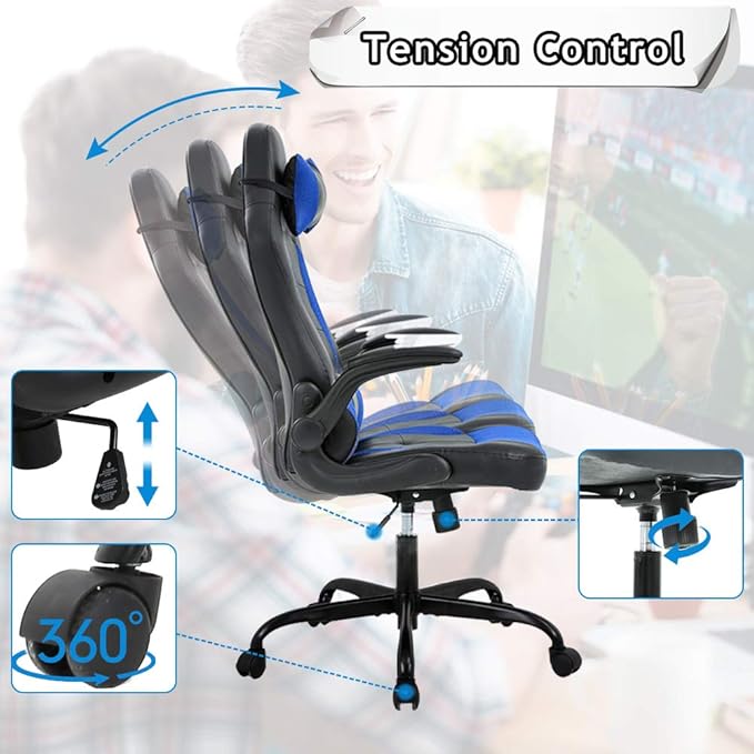 Massage Gaming Chair Ergonomic Office Chair High Back Desk Chair PU Leather Executive Chair with Lumbar Support Headrest Armrest PC Racing Computer Chair Task Rolling Swivel Chair Blue