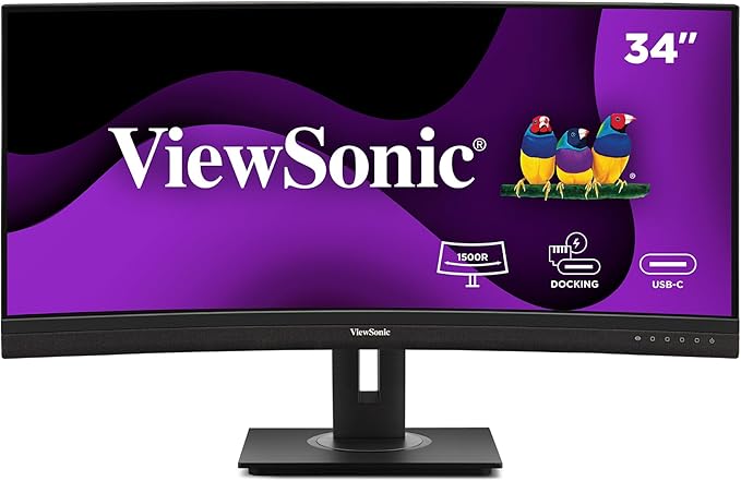 ViewSonic VG3456CA 34 Inch 21:9 Ultrawide QHD 4K Curved Monitor with Ergonomic Design 100W USB C Docking Built-in Gigabit Ethernet RJ45 for Home and Office