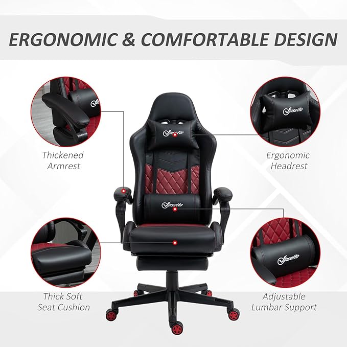 Gaming Office Chairs for Adults Comfortable Video Gaming Chair with Footrest &amp Headrest and Lumbar Support PU Leather High Back Computer Gamer Chairs (Black)