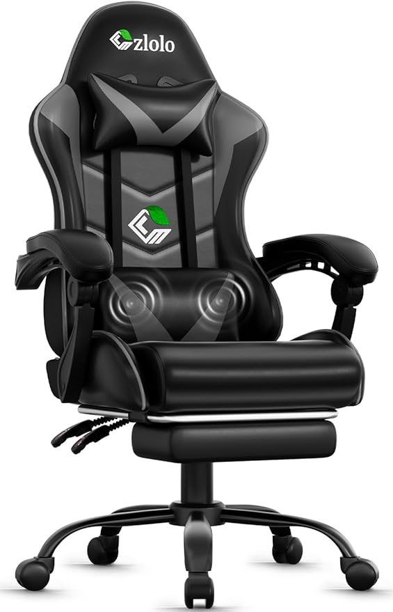 Gaming Chair with Footrest Racing Style Lumbar Support Massager Video Game Chair with Metal Legs High Back Reclining Gamer Chair with Headrest 360° Swivel Office Computer Desk Chair (Gray)