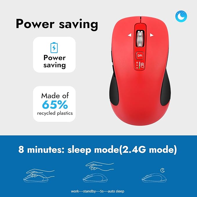 Wireless Bluetooth Mouse (USB + BT1 + BT2) Full Size 4-Way Scrolling Multi-Device Silent Mouse for Computer Laptop iPad MacBook (Red)