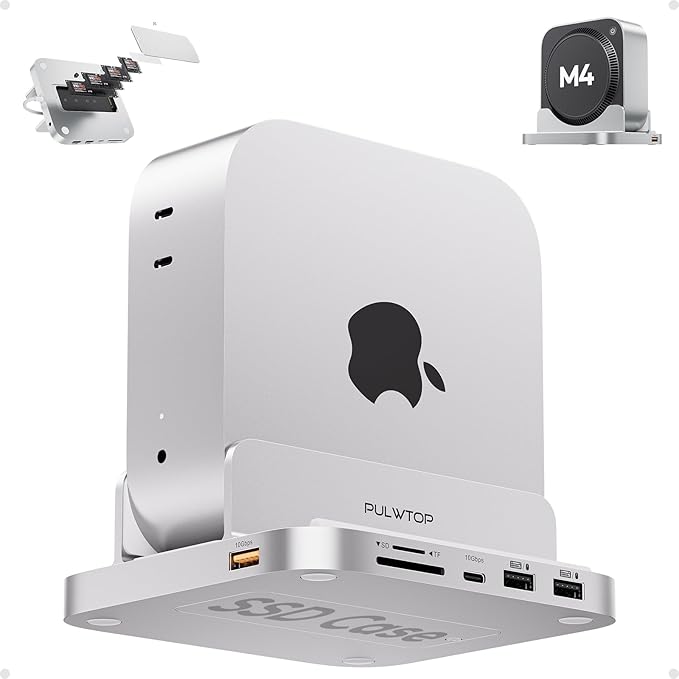 Mac mini M4 Dock with 4TB M.2 SSD Enclosure 8-in-1 Aluminum Vertical USB-C Hub for Mac mini M4 Pro Hub Stand with USB-A/C 3.2 10Gbps 2xUSB-A 2.0 3.5mm Audio SD/TF (SSD NOT Included)