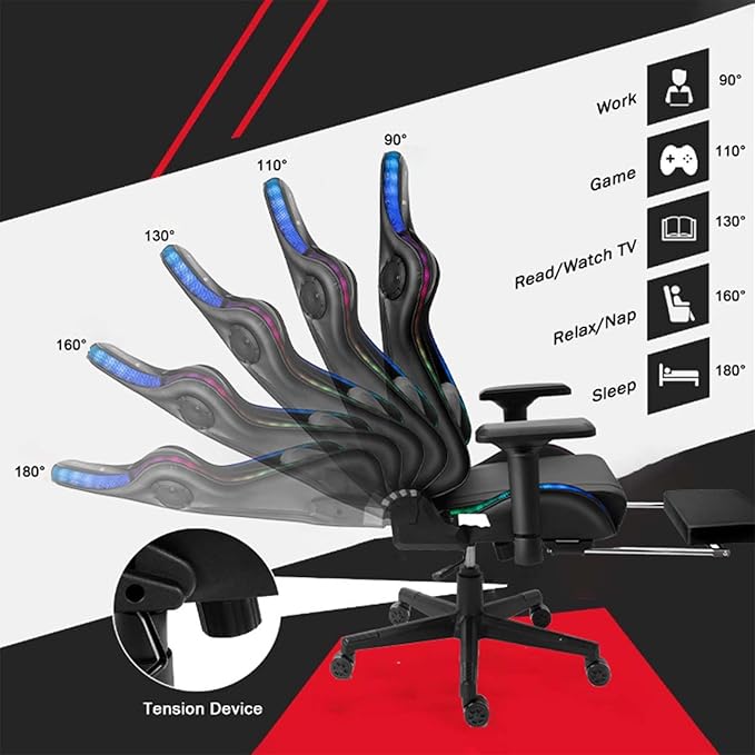 TBQATNTS Adult Computer Chair with FootrestHigh Back Video Gaming ChairErgonomic Video Game Chair with Massagewith Speakers and Led LightsComfortablewith Footrestfor Office Or GamingPink