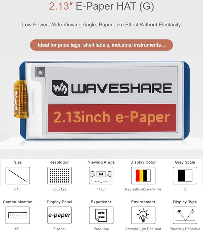 2.13inch E-Paper HAT (G) 250x122 Pixel Red/Yellow/Black/White Four-Color E Paper Screen LCD for Raspberry Pi 4B/3B+/3B/2B/Zero/Zero W/Zero WH/Zero 2W/Jetson Nano/Ardui/STM32 etc. SPI Interface