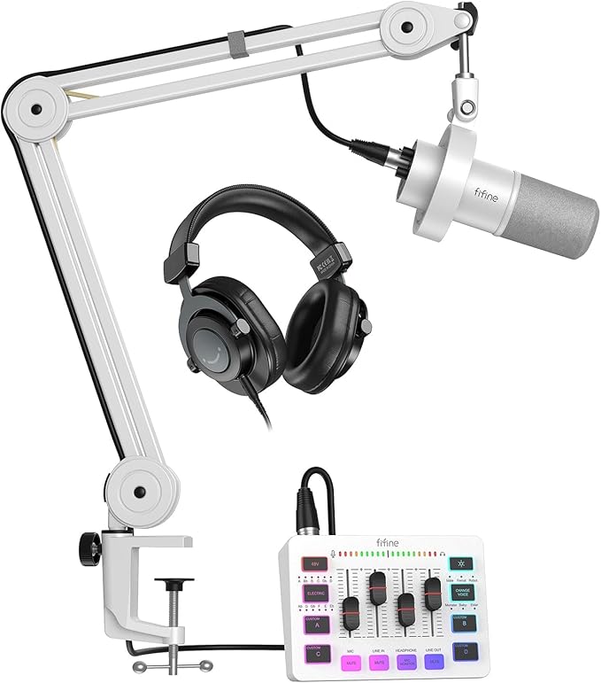 FIFINE Recording Podcast Equipment Bundle with Dynamic Microphone Gaming Mixer XLR Cable Boom Arm Studio Headphones Kit for Music Creation Vocal Voice-Over Video Conference