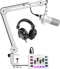 FIFINE Recording Podcast Equipment Bundle with Dynamic Microphone Gaming Mixer XLR Cable Boom Arm Studio Headphones Kit for Music Creation Vocal Voice-Over Video Conference