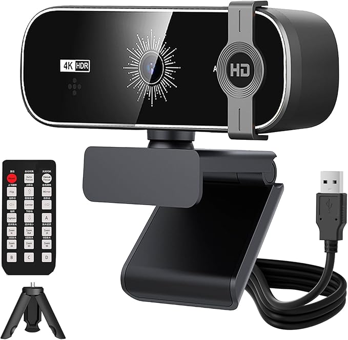 Webcam 4K Streaming Webcam with Remote Compatible with Sensor Noise-Canceling Dual Mics Computer Camera Auto-Focus Low Light Correction Ideal for Streaming OBS PCLaptopDesktop