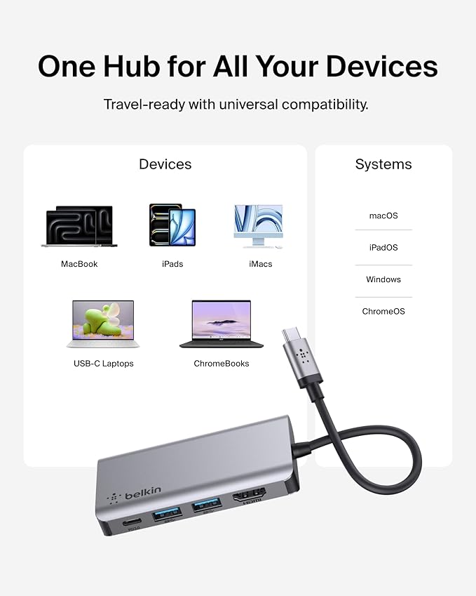 Belkin USB C Hub 4-in-1 Multi-Port Laptop Dock with 4K HDMI USB C Docking Station with 100 Watt Pass-Through Power Delivery 2 X USB A Ports For MacBook Pro Air iPad Pro Chromebook and More