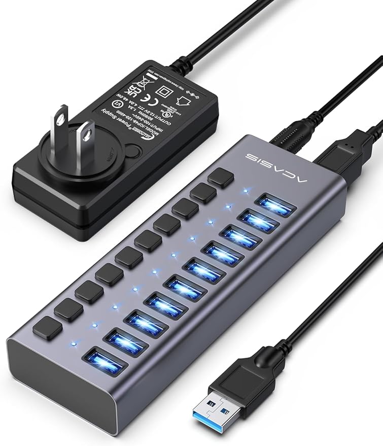 Powered USB 3.2 Hub ACASIS 10 Ports USB 3.2 Hub with 10Gbps Data Speed Aluminum Housing USB Hub Powered with 48W Power Adapter USB Hub for PC/Laptop Computer Flash Drive Printer Camera
