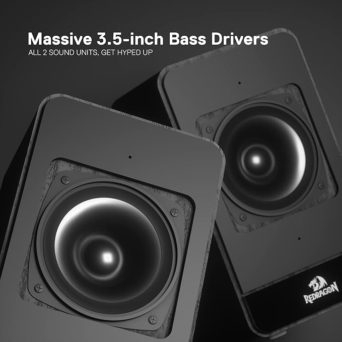 Redragon GS813 Wireless Desktop Speakers 2.0 Bookshelf Speaker w/20W Output BT 5.0/3.5mm AUX Enhanced Bass/Treble Knob and TF Card/USB Flash Drive Supported