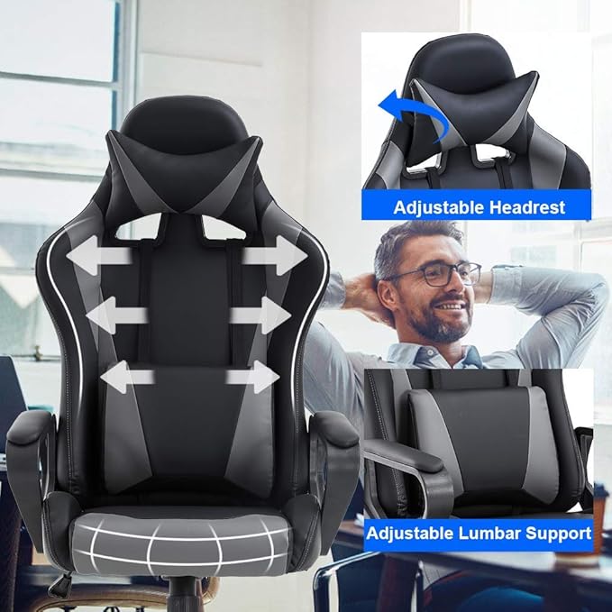 Gaming Chair Computer Gamer Racing Chair High Back Video Game Chair Leather Gaming Chair Ergonomic Adjustable Swivel Racing Chair with Headrest and Lumbar Supportfor Back Pain WomenMen (Grey)