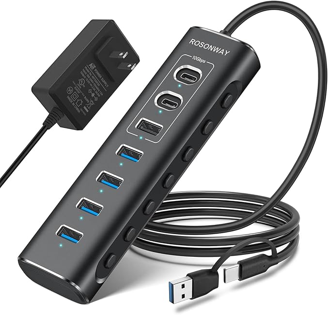 Powered USB Hub Rosonway 7-Port USB 3.2/USB C Hub with 10Gbps USB-A 3.2 2 USB-C 3.2 4 USB 3.0 Ports Individual Switches and 12V Power Adapter Aluminum USB Port Expander for Laptop/PC RSH-A107C