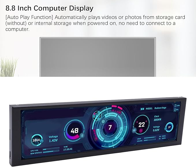 Zunate 8.8 Inch Computer Secondary Display 1920x480 Mini PC Monitor with Type C PH Interface Aluminum Alloy Housing Auto Play Rotation Low Power Use