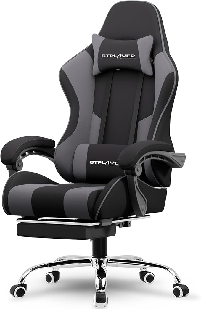 GTPLAYER Gaming Chair Computer Chair with Footrest and Lumbar Support Height Adjustable Game Chair with 360°-Swivel Seat and Headrest and for Office or Gaming (Darkgray Fabric)