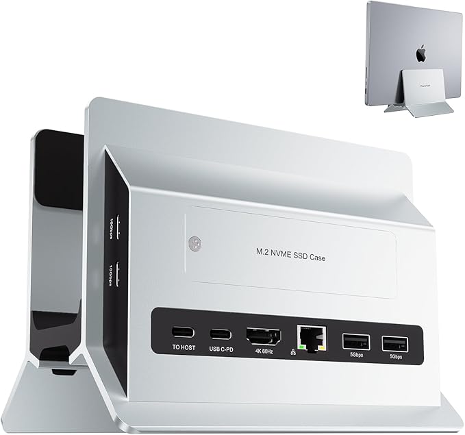 Vertical MacBook Docking Station PULWTOP Docking Station for Mac mini with M.2 NVMe case for MacBook Pro/Air 4K@60Hz HDMI 2USB C 10Gbps SD/TF 100W PD RJ45 2 USB A for Windows Sliver