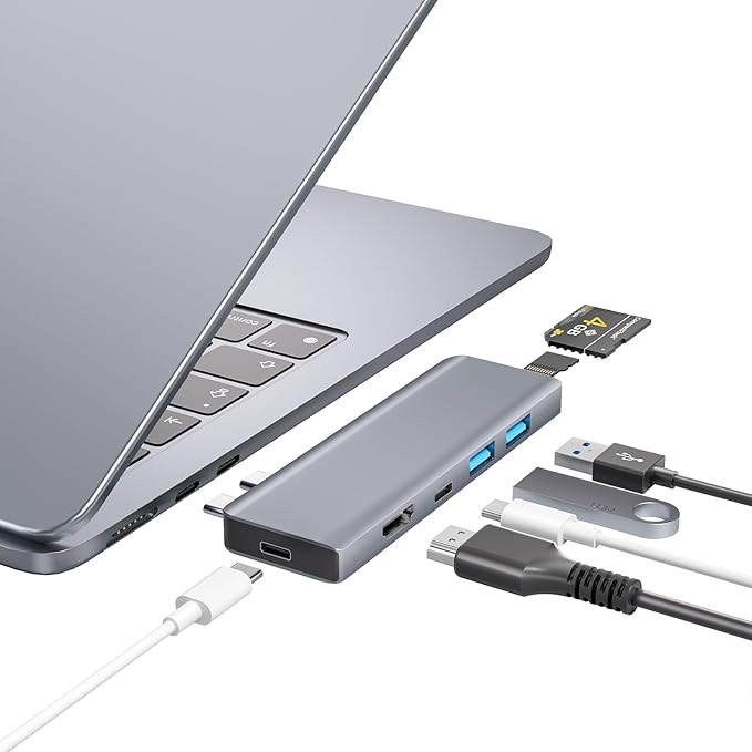 USB C Hub USB C Adapter 7 in 2 USB-C Hub for MacBook with Thunderbolt 4 4K HDMI Type C 2 USB A SD/TF Card Reader Compatible with MacBook Pro 2016-2024 MacBook Air 2018-2025 (Silver)