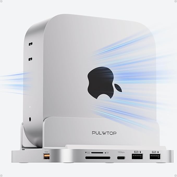 Mac mini M4 Dock with 4TB M.2 SSD Enclosure 8-in-1 Aluminum Vertical USB-C Hub for Mac mini M4 Pro Hub Stand with USB-A/C 3.2 10Gbps 2xUSB-A 2.0 3.5mm Audio SD/TF (SSD NOT Included)