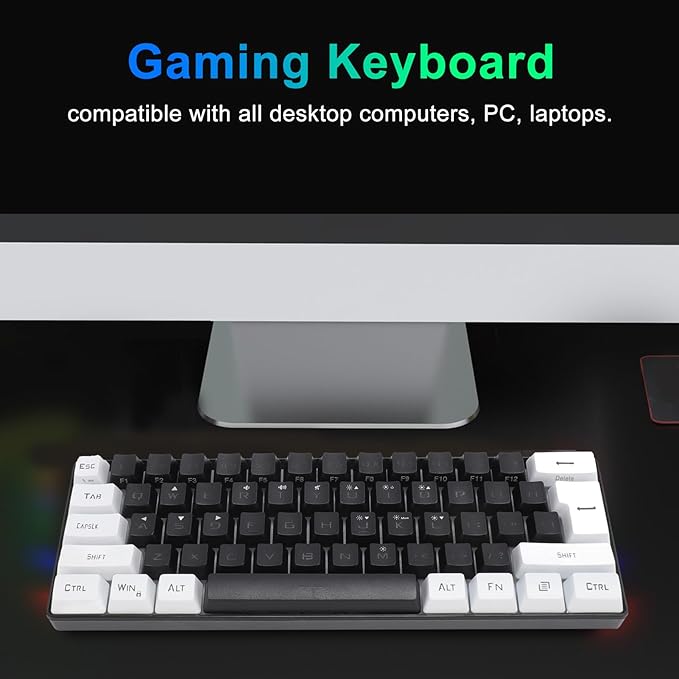 Portable 60% Mechanical Gaming Keyboard 61 Keys RGB Backlit USB Keyboard with Ergonomic Design USB Wired Keyboard for PC Travel (Black White)