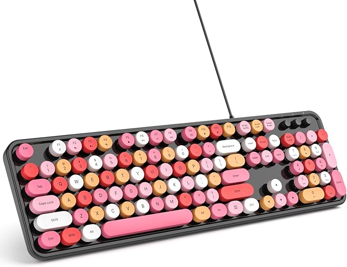 Computer Keyboard Wired Plug and Play USB Retro Round Typewriter Keyboard Full Size Wired Keyboard with Foldable Stands for Laptop and Office PC- Black Colorful