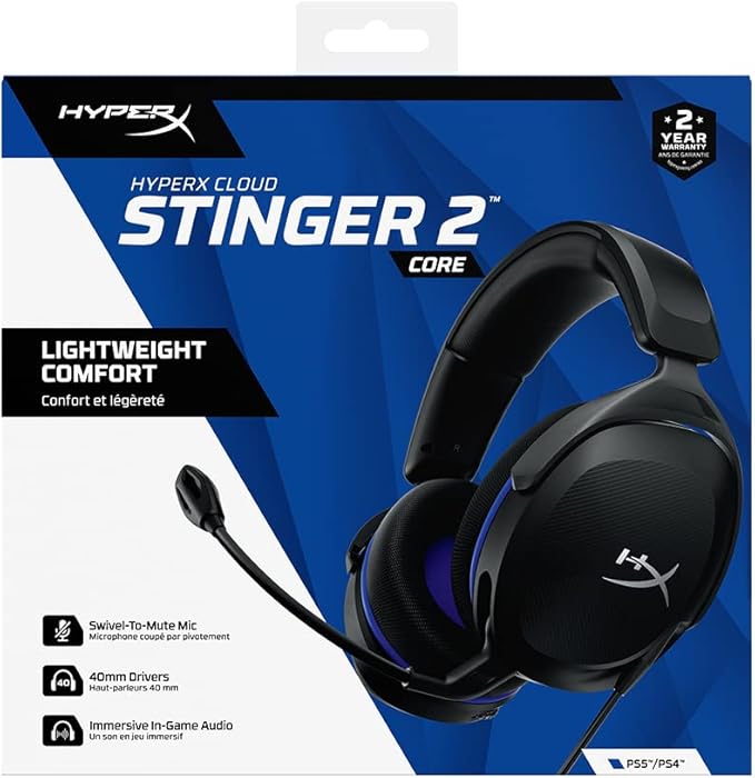 HyperX Cloud Stinger 2 Core - Gaming Headset for Playstation Lightweight Over-Ear Headset with mic Swivel-to-Mute Function 40mm Drivers - Black
