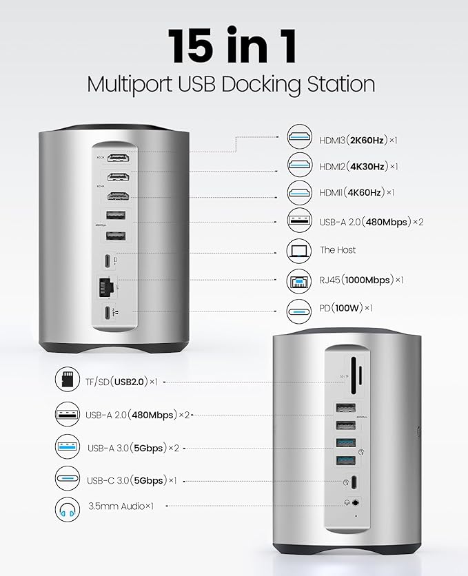 ORICO USB-C Triple Monitor Docking Station with 3 HDMI Ports 15-in-1 USB C Laptop Dock for MacBook Pro M1/M2/Windows 7 USB Ports Ethernet100W PD SD/TF Card Reader 3.5mm Audio (Silver)