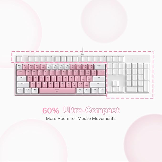 Redragon K617 Fizz 60% Wired RGB Gaming Keyboard 61 Keys Hot-Swap Compact Mechanical Keyboard w/White and Pink Color Keycaps Linear Red Switch Pro Driver/Software Supported