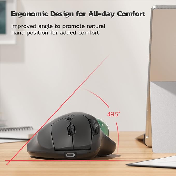 Nulea M501 Wireless Trackball Mouse Rechargeable Ergonomic Easy Thumb Control Precise &amp Smooth Tracking 3 Device Connection (Bluetooth or USB Receiver) Compatible for PC Laptop Mac Windows