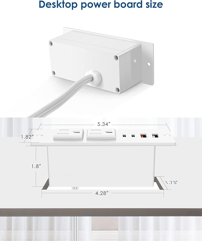 Recessed Power Strip 30W USB CFurniture Flush Mount Desk Outlet2 Outlets 4 USB PortsRecessed Outlet for Side Table/Sofa TableUltra Thin Flat Plug Power Strip3FT Cord (White)
