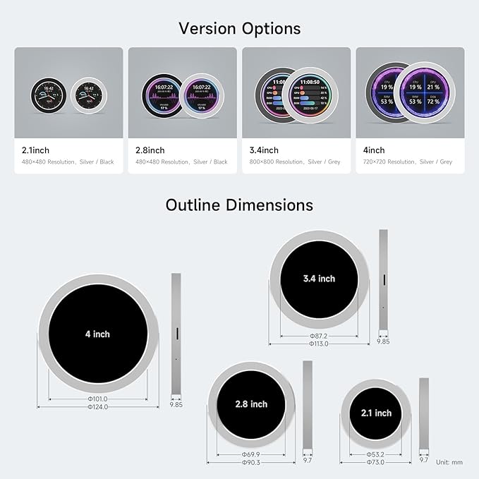 waveshare 4inch USB Monitor PC Case Secondary Screen/Desktop RGB Ambient Screen IPS Panel 720×720 Resolution with Music Spectrum Analysis Function Type-C Interface CNC Metal Case Silver