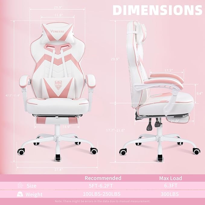 Vonesse Gaming Chair High Back Pink Gaming Chair with Footrest and Massage Gaming Chairs for Adults with Pocket Spring Cushion Big and Tall Reclining Computer Chair with Lumbar Support (White/Pink)