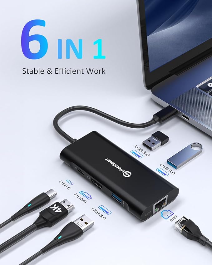 UtechSmart USB C Hub Ethernet Multiport Adapter 6 in 1 USB C to HDMI Dock Compatible for MacBook Pro/Air Chromebook Dell XPS HP and Type C Devices (Gigabit Ethernet 100W PD 4K HDMI USB 3.0) Black