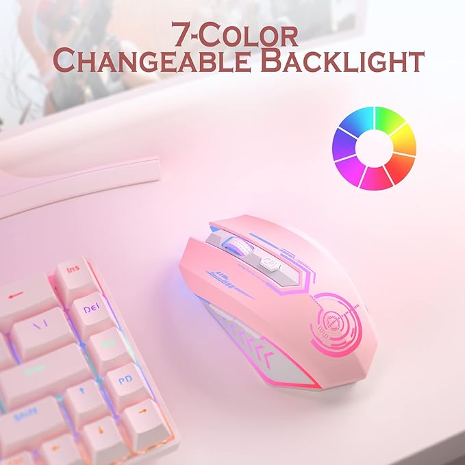 UHURU Gaming Mouse Wireless Gaming Mouse with 6 Buttons 7 Changeable LED Color up to 10000 DPI Rechargeable USB Gamer Mouse for PC Laptop (Pink)