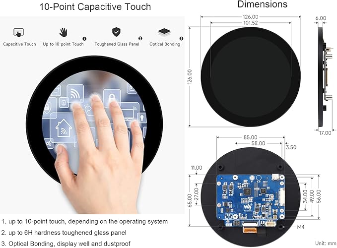 Waveshare 4inch DSI Round Touch Display 720 × 720 Resolution 10-Point Capacitive Touch IPS Display Screen Compatible with Raspberry Pi 5/Pi 4B/3B+/3A+ Compute Module 4/Compute Module 3+/CM3