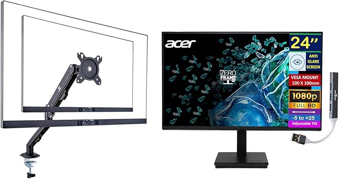 acer 24 FHD IPS Monitor with 4ms Response Time Anti Glare VESA Mount (100mm) HDMI VGA &amp Black Color with DKZ Hub &amp ErgoFlexy Single Monitor Mount