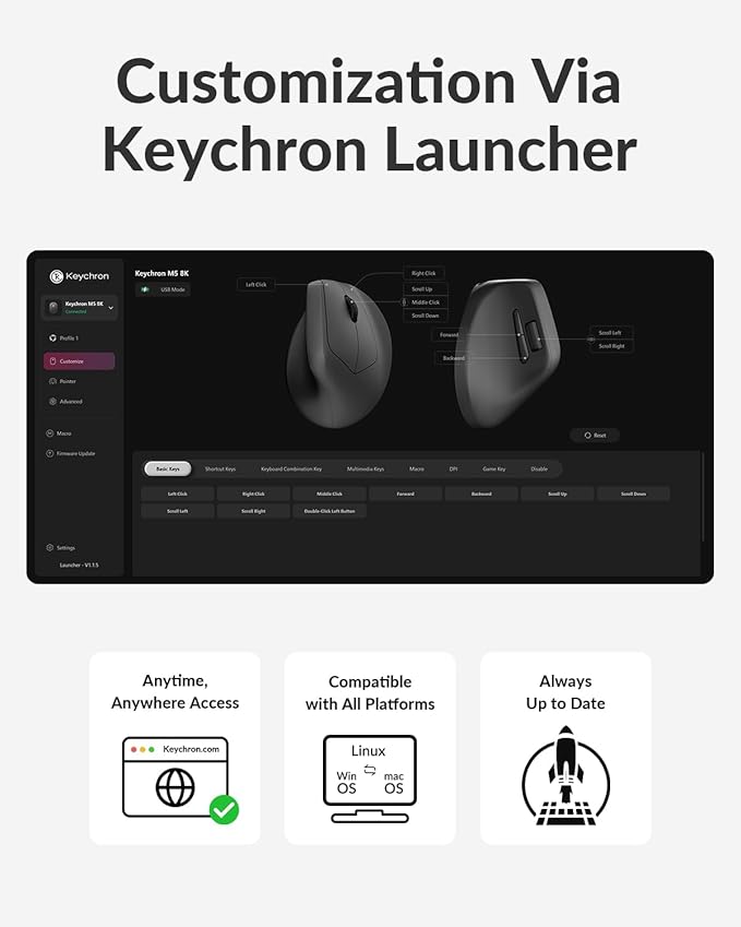 Keychron M5 8K Vertical Ergonomic Mouse Wireless 2.4 GHz/Bluetooth 5.3/Wired Computer Mice Rechargeable 5 Levels Up to 30K DPI with Programmable Buttons for Laptop macOS/Windows - Black