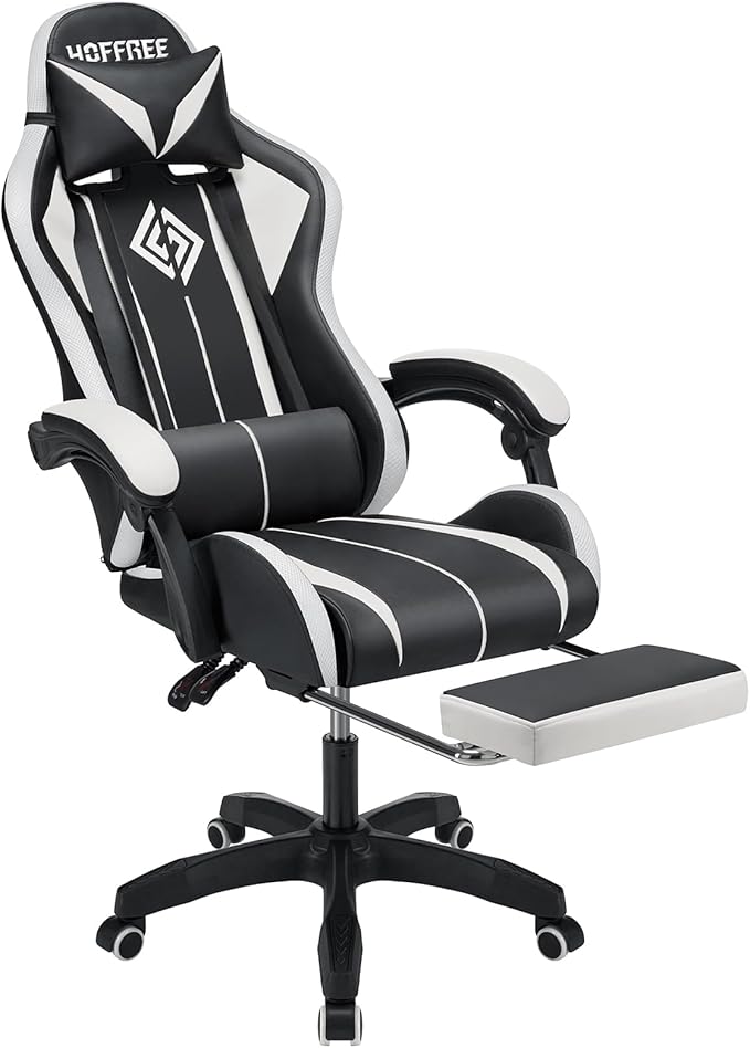 HOFFREE RGB Gaming Chair with Speakers Massage Computer Gaming Chair with LED Lights and Footrest High Back Video Game Chair for Adults White and Black