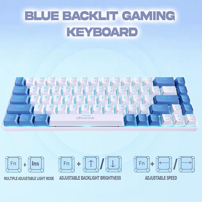 abucow 65% Mechanical Gaming Keyboard Red Switch Wired Compact Keyboard with Blue Backlight Swappable Blue White Keycaps for Windows/Mac