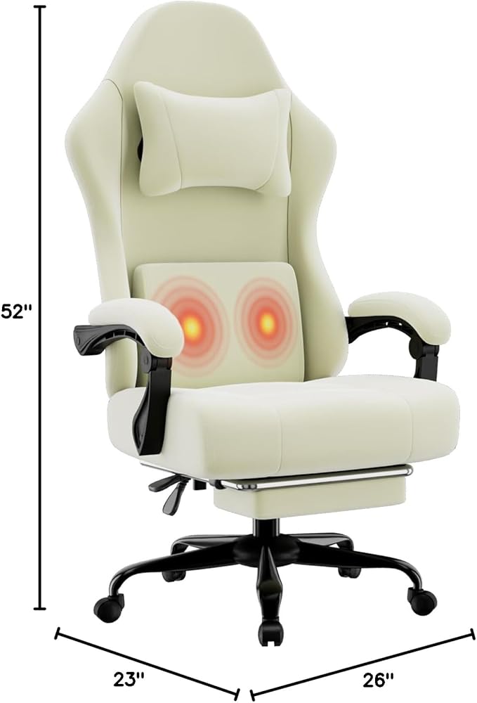 Ergonomic Gaming Chair Video Game Chair with Massage Lumbar Support and Footrest Height Adjustable Fabric Computer Chair with Pocket Spring Cushion (White)
