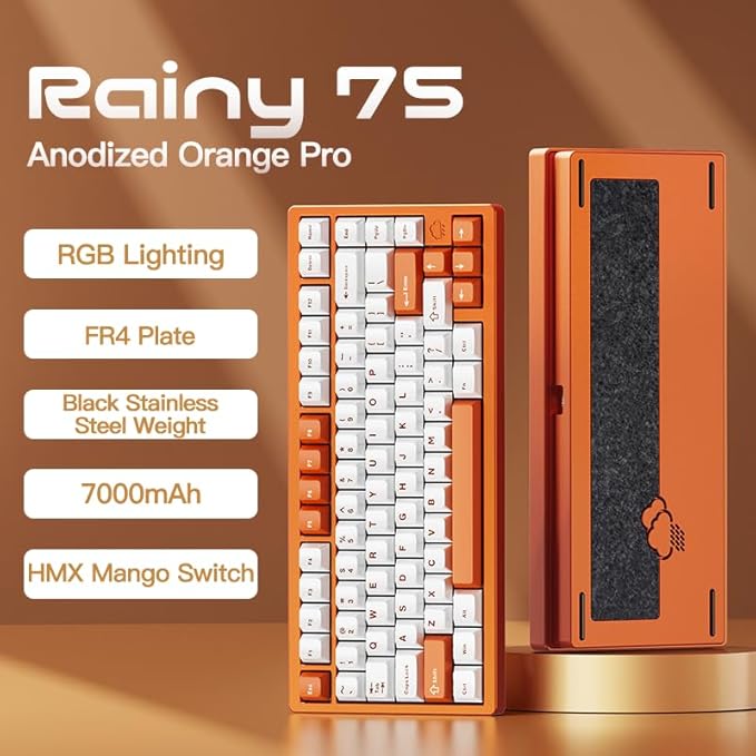 KEEBMONKEY WOBKEY Rainy 75 Aluminum HMX/JWK Switches Mechanical Keyboard with Superior Acoustics Wired BT 2.4G Wireless Connectivity (Pro Orange(Stainless Steel Weight))