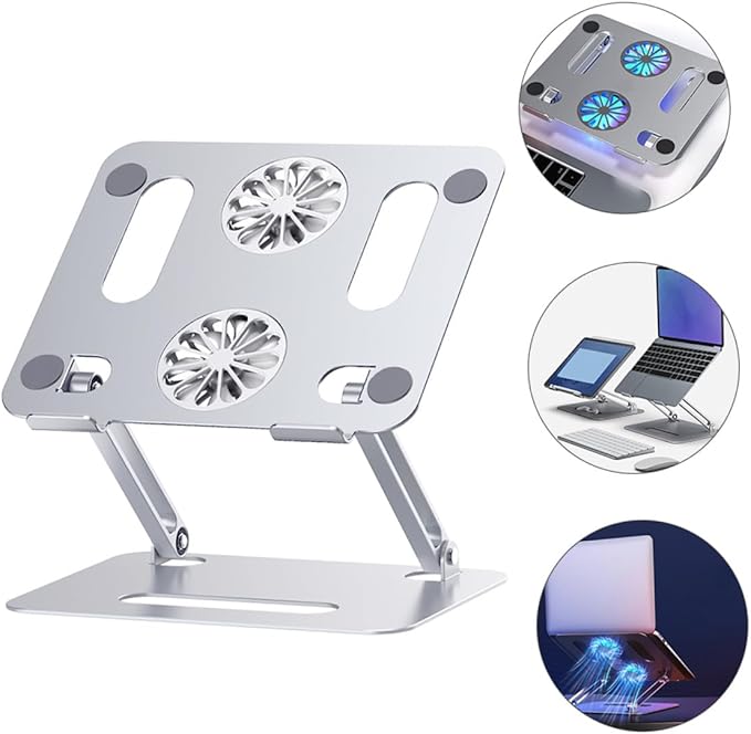 Veemoon Adjustable Aluminum Alloy Laptop Cooling Pad with Dual Quiet Fans Foldable Elevated Notebook Cooler Stand Under 17.3 Inch Laptops Silver USB Powered Suitable for Office
