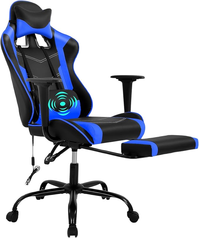 Gaming Chair with Massage &amp Footrest - Ergonomic Racing Office Chair for Adults Women Gamers - Adjustable Reclining PC Gaming and Home Office Desk Chair with Lumbar Support Blue