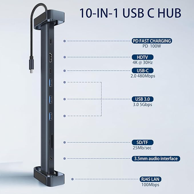 USB C Hub Multiport Adapter 10-in-1 Docking Station with 4K HDMI USB-C 3 USB 3.0 SD/TF Card Reader Audio 100W PD RJ45 Ethernet Compatible with MacBook Pro/Air Dell HP Lenovo (10-in-1)